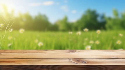Aufkleber - A wooden table with a picturesque view of a field filled with vibrant daisies. Perfect for adding a touch of nature and serenity to any project