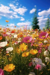 Aufkleber - A beautiful field of colorful flowers with a clear blue sky in the background. Perfect for nature or gardening themes