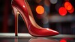 A red high heeled shoe placed on a table. This image can be used to showcase fashion, footwear, or as a symbol of elegance and femininity