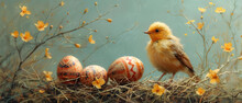 Painting Of A Bird Sitting On A Nest With Painted Eggs
