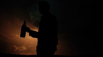 Poster - Silhouette of a man holding a bottle of alcohol. Perfect for illustrating addiction, partying, or social issues