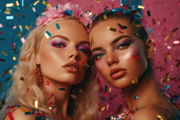 Poster - Two beautiful women covered in confetti. Perfect for festive occasions and celebrations