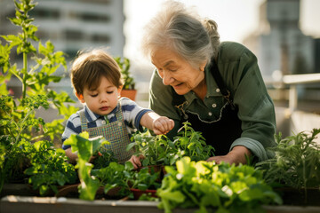 Grandmother and her grandson with plants in the rooftop garden. Happy smiling little boy and senior woman gardening together