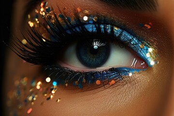 Poster - A close up view of a person's eye with sparkling glitter. Perfect for adding a touch of glam to makeup tutorials or beauty product advertisements