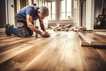 Poster - A man is seen working on a wooden floor. This image can be used to depict a carpenter, construction worker, or someone engaged in home improvement projects