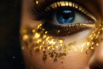 Poster - A close-up view of a person's eye with a stunning gold paint design. Perfect for adding a touch of glamour and luxury to any project