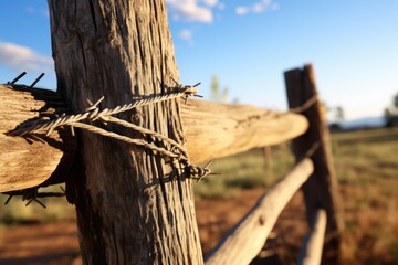 Sticker - A detailed view of a wooden fence with barbed wire. Suitable for security, danger, or boundary concepts