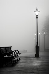 Poster - A black and white photo showcasing a park bench and a street light. This image can be used to depict solitude, urban landscapes, or peaceful city scenes