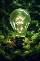 Poster - A light bulb sitting on top of a moss covered ground. Can be used to represent ideas, creativity, and nature
