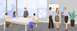 Staff meeting at long desk on presentation in office room. Manager stands near financial diagram. Team work on conference. Business training, discussion, brainstorming in cabinet. Vector illustration