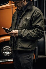 Poster - A man stands in front of a truck, looking at his cell phone. This image can be used to depict distracted driving or a person checking their phone while on the road