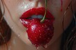 Beautiful woman with red lips and cherry in water drops closeup. Generative Ai. 