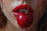 Fototapeta Do pokoju - Beautiful woman with red lips and cherry in water drops closeup. Generative Ai. 