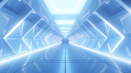 Wall Mural - Corridor tunnel of space station ship, glowing futuristic panels of blue color, metal walls reflection of light. Podium stage long way. 3d render