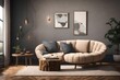 © Noor - an AI prompt for an AI to create an image of a modern living room featuring a round rustic loveseat sofa, a stump side table, and a wall as part of the interior design