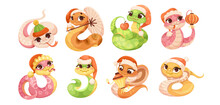 Set Of Cartoon Cute Snakes Isolated On White Background. Little Child Snake Characters. Chinese Horoscope Zodiac Sign, Year Of Snake 2025. Friendly Characters Of Smiling Reptile. Vector Illustration
