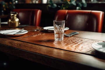 Poster - A simple wooden table with a glass of water placed on top. This image can be used to represent concepts such as hydration, refreshment, or minimalistic home decor
