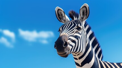 Poster - A close-up view of a zebra's face with its distinct black and white stripes, set against a vibrant blue sky. Perfect for wildlife enthusiasts and animal lovers.