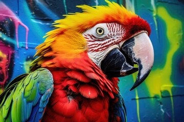 Poster - A vibrant parrot stands in front of a colorful graffiti wall. This image can be used to add a pop of color and a touch of nature to any creative project
