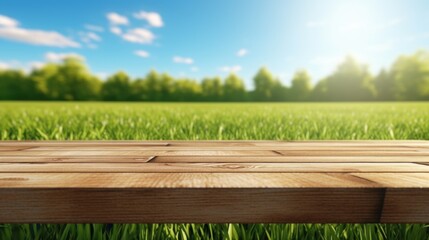 Aufkleber - A wooden table placed in the middle of a picturesque grassy field. This image can be used for various outdoor themes and concepts