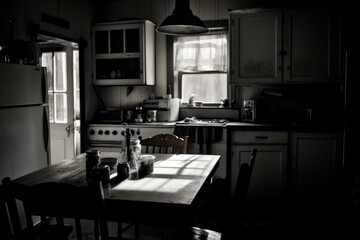 Poster - A black and white photo of a kitchen. Suitable for various design and culinary projects