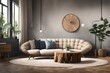 © Noor - an AI prompt for an AI to create an image of a modern living room featuring a round rustic loveseat sofa, a stump side table, and a wall as part of the interior design