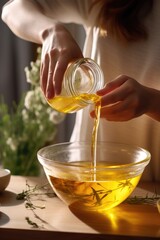 Aufkleber - Woman pouring olive oil into a bowl. Versatile image for cooking and food preparation