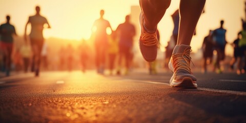 Poster - A group of people running in a marathon. Suitable for sports events and fitness-related content