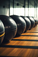 Poster - A row of exercise balls lined up on a wooden floor. Perfect for fitness and workout-related designs