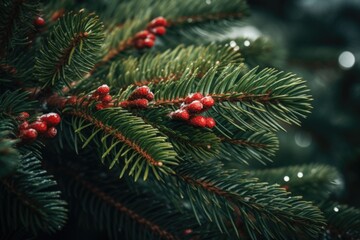 Poster - A detailed view of a pine tree with vibrant red berries. Perfect for nature enthusiasts and holiday-themed designs