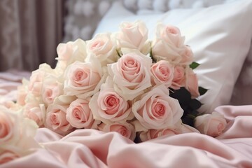 Canvas Print - A beautiful bouquet of white and pink roses placed on a bed. Perfect for romantic occasions or as a decorative element in interior design