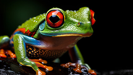 Wall Mural - ฺBrightly colored frog with bright red eyes. Perched on a stationary branch, it stands out against dark background. Frogs are brightly colored to warn predators that I am poisonous, so don't eat me.