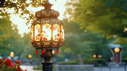 Aufkleber - A lit candle sits atop a traditional lamp post, providing a warm and inviting glow. Perfect for creating a cozy atmosphere or adding a touch of nostalgia to any setting