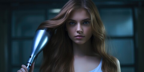 Poster - A woman holding a hair dryer in front of her face. Perfect for beauty and personal care concepts