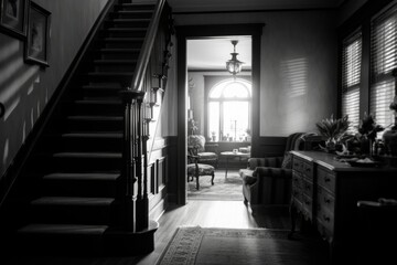 Aufkleber - A black and white photo of a living room. Can be used for interior design inspiration