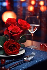 Poster - A beautifully arranged table setting with red roses and a glass of wine. Perfect for romantic occasions or elegant dining events