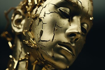 Poster - A close up view of a golden statue of a woman. Perfect for adding a touch of elegance and sophistication to any project