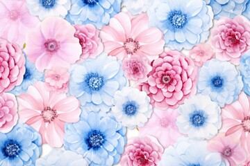 Poster - A beautiful arrangement of pink and blue flowers displayed on a clean white surface. Perfect for adding a touch of color and elegance to any project or design