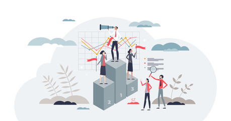 Wall Mural - Competitor benchmarking tools to evaluate company tiny person concept, transparent background. Product, service or performance comparison with other businesses in market illustration.