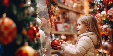 Poster - A sweet little girl gazes at a beautiful Christmas ornament, filled with wonder and excitement. Perfect for holiday-themed projects or capturing the magic of the season