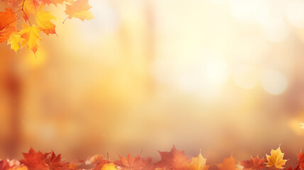 Wall Mural - maple leaves on abstract blurred background with bokeh copy space, light bright autumn background fo