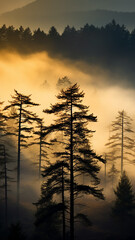 Wall Mural - a lonely pine tree in the sunset mist in the mountains, an autumn calm landscape of wildlife, a vertical panorama of the forest