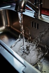 Poster - A kitchen sink with a faucet running water. Perfect for illustrating water usage, plumbing, or household activities