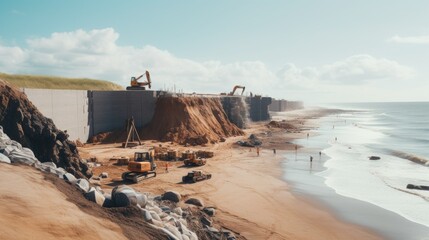 Poster - A construction site located on a beautiful beach next to the ocean. Perfect for showcasing beachfront development or coastal construction projects