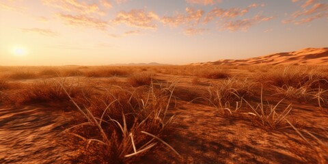Poster - A breathtaking view of the sun setting over a vast desert landscape. Perfect for travel brochures and inspirational quotes