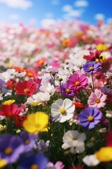 Aufkleber - A beautiful field of colorful flowers with a clear blue sky in the background. Perfect for nature enthusiasts and springtime themes