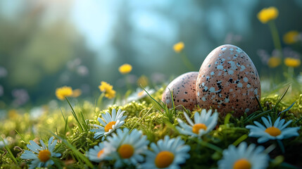 Wall Mural - Two Eggs Nestled in the Grass Surrounding Daisies