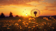 Dandelion seeds in the field at sunset. Nature background .