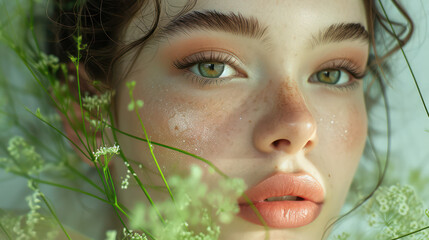 Wall Mural - Floral Beauty: A Young Caucasian Woman with Sensual, Perfect Features and Stylish Make-up, Surrounded by Colorful Spring Flowers on a White Background