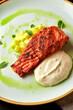 Griled Salmon with Apple Garnish and Mint Sauce.